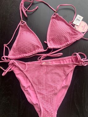 Two-Piece Pink Crochet Bikini Set Power 2 THE FLOWER L top, XL bottom B16